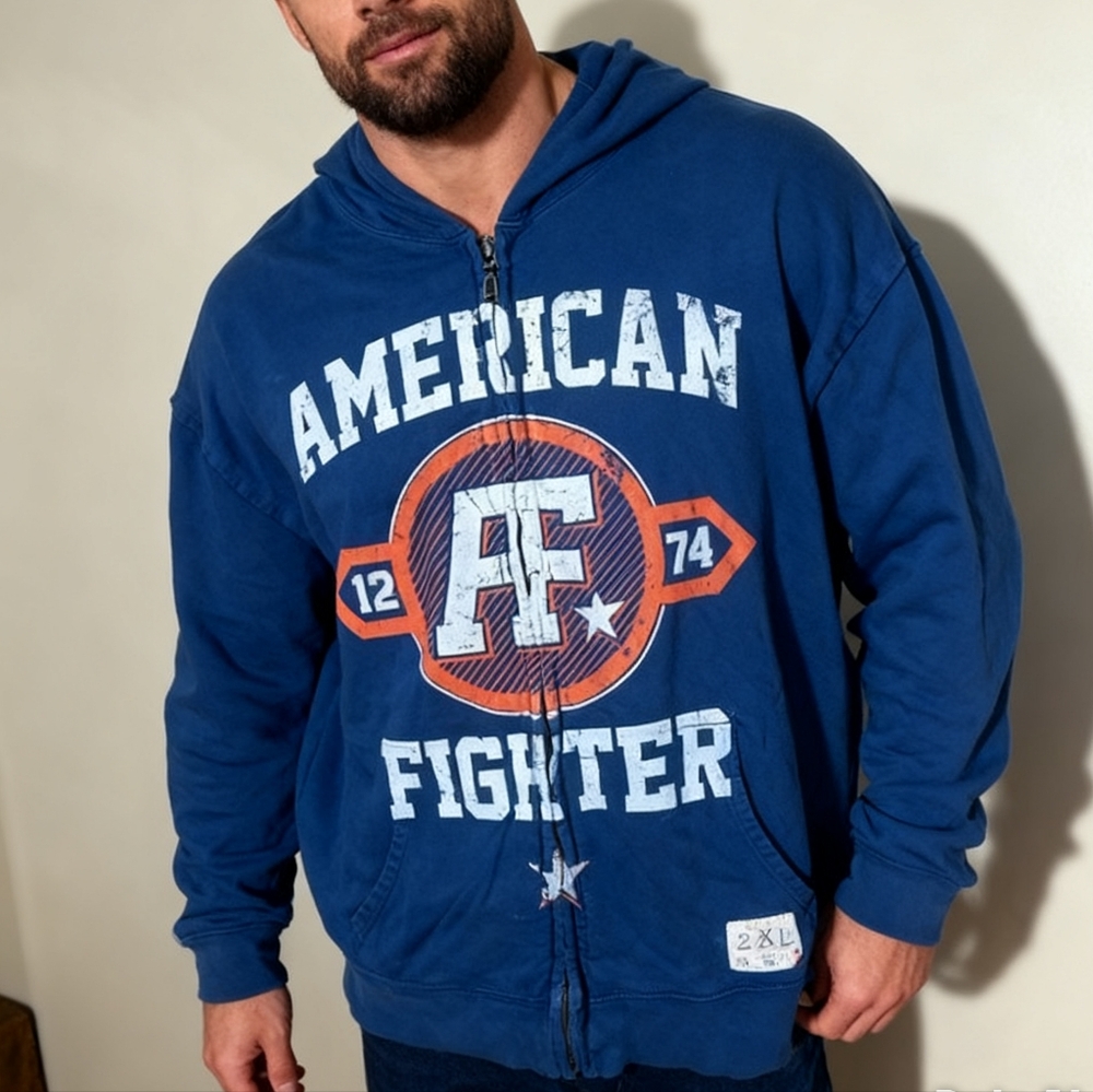 American Fighter by Affliction Zip Hoodie Men’s 2XL Blue Graphic MMA Streetwear